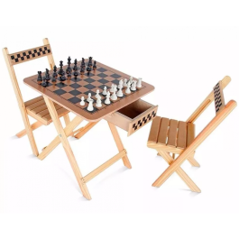 Mesa de Xadrez e Dama com Gaveta 2 Cadeiras – Madeira e MDF