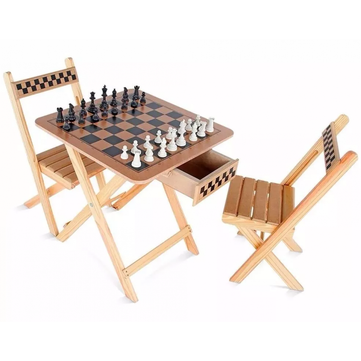 Mesa de Xadrez e Dama com Gaveta 2 Cadeiras - Madeira e MDF - Imagem 2