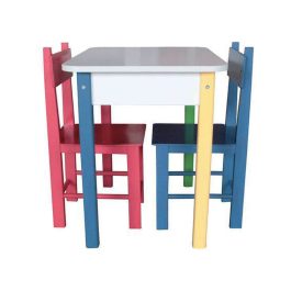 Mesa Retangular Colorida com 2 Cadeiras de Madeira – 60 x 45 x 56,5