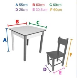Mesa Infantil com 4 Cadeiras de Madeira e MDF – 60 x 60 x 55 cm.